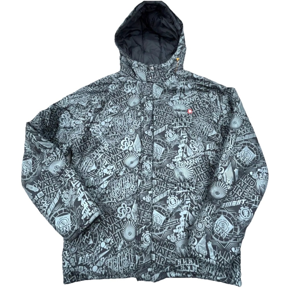 Vintage Y2K Element Jacket Men Medium Black Puffer Coat Skate All Over Print AOP